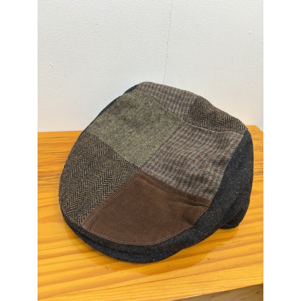 Wool Blend Patchwork Flat Cap Medium/Large Brown Grey Quilted Interior